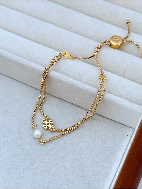 Tory Burch Jewelry - Tory Burch Gold Double-Chain Bracelet with Pearl Charm